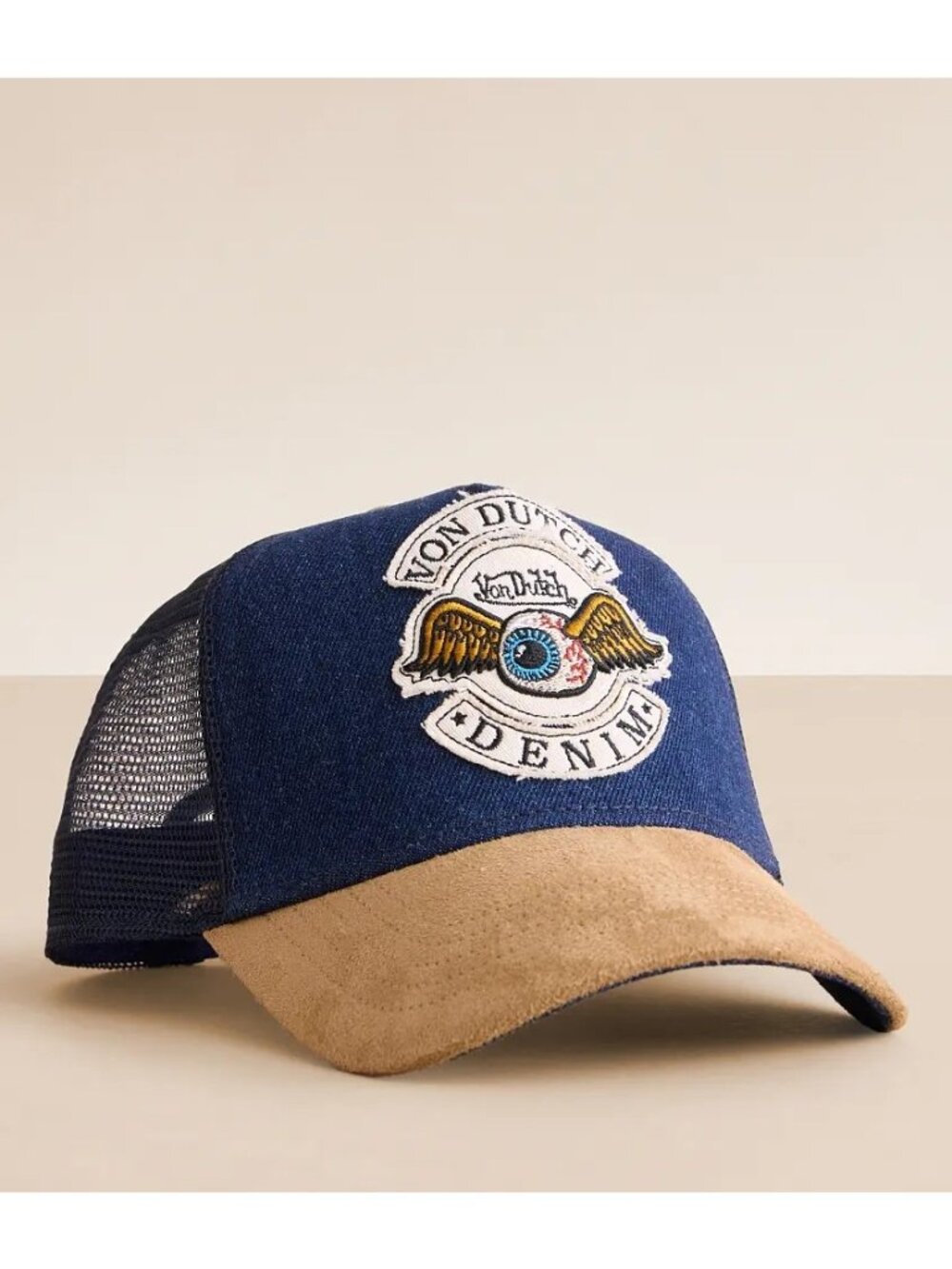 Von Dutch Denim Trucker Hat Suede Brim Mesh Back Embroidered Patch Adjustable